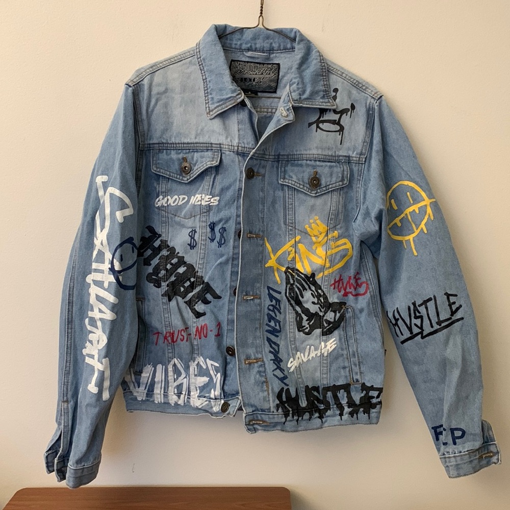 Brooklyn Cloth Graffiti “Trust No-1”Distressed Denim Jacket Size Small